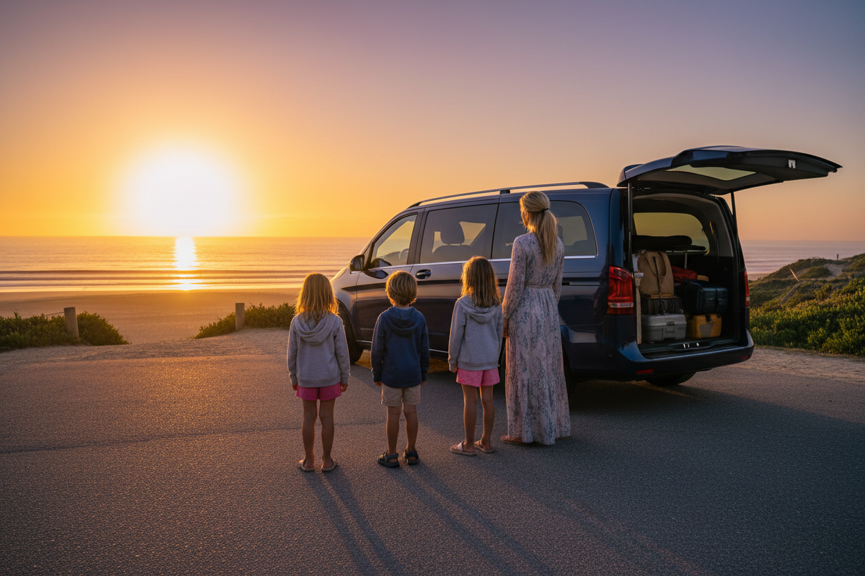 2 Jungs, 2 Mädchen, 4, 6,8 und 10 Jahre alt und eine Mama mit blonden Haaren, ein Merceds V-Klasse und ein Sonnenaufgang. Alle sind nur von hinten zu sehen.