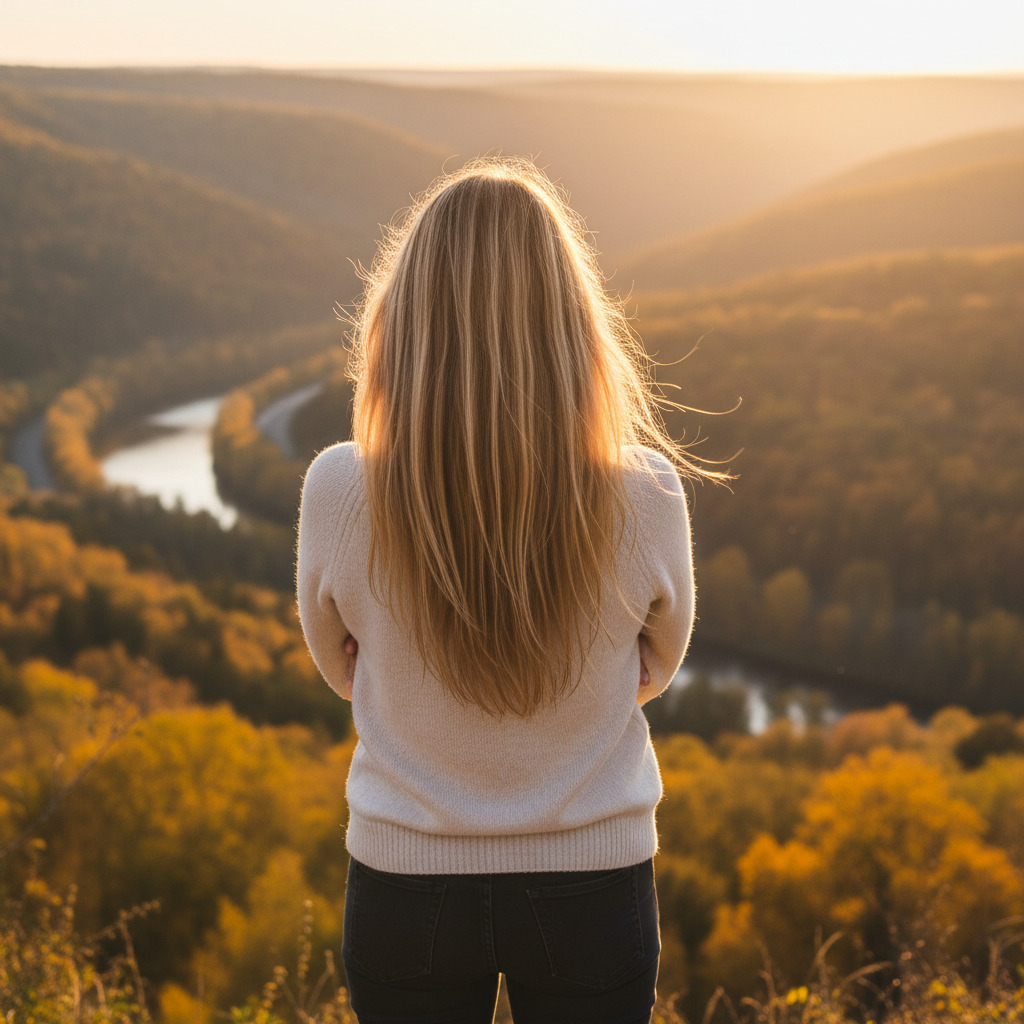 Eine Frau Mitte 40 von hinten gezeigt, blonde lange Haare.